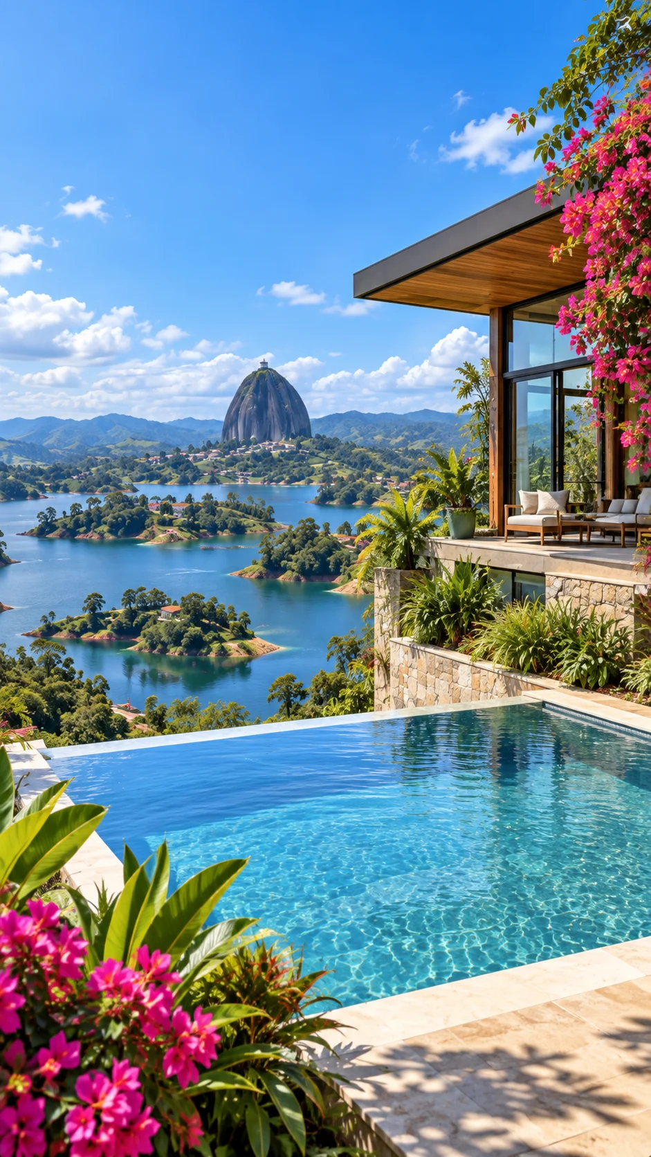 Guatapé reservoir and Piedra del Peñol beside a tropical pool terrace