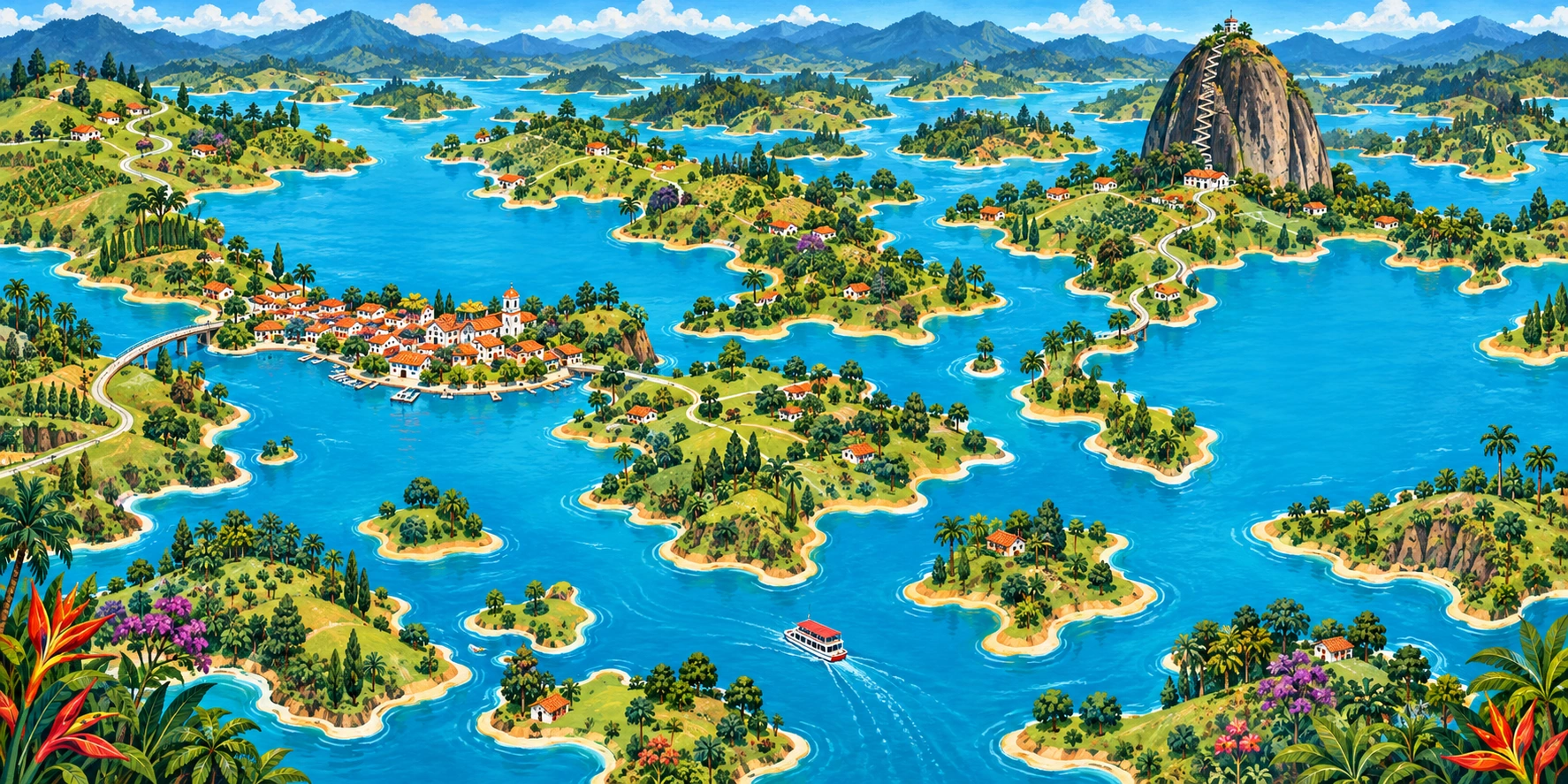 Illustrated map of the reservoir, Guatapé and El Peñol
