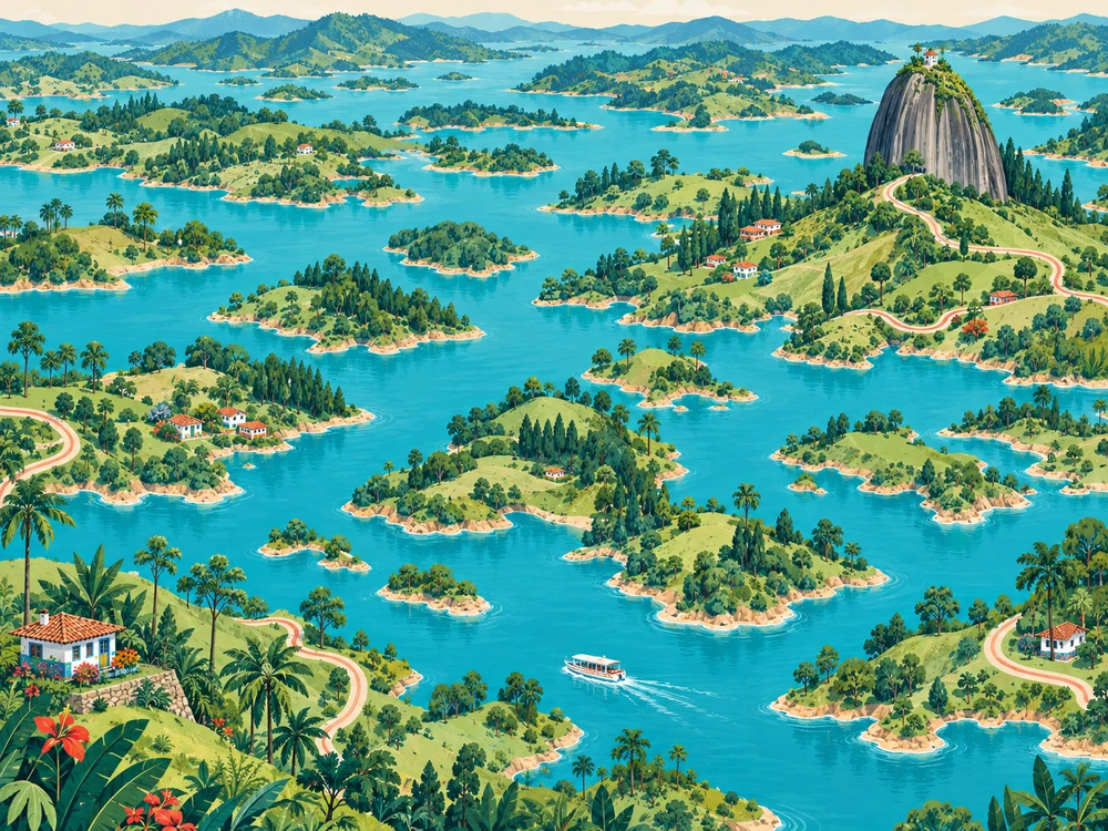 Illustrated Guatapé reservoir, islands and Piedra del Peñol